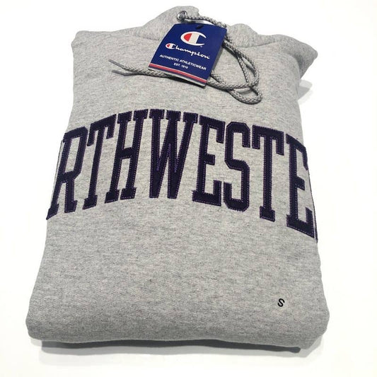Northwestern University Wildcats Men's Heather Grey Champion Eco Powerblend Hooded Sweatshirt with Purple Arched Northwestern Wool Sewn Appliqué Design-2