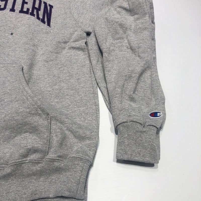 Northwestern University Wildcats Men's Heather Grey Champion Eco Powerblend Hooded Sweatshirt with Purple Arched Northwestern Wool Sewn Appliqué Design-4