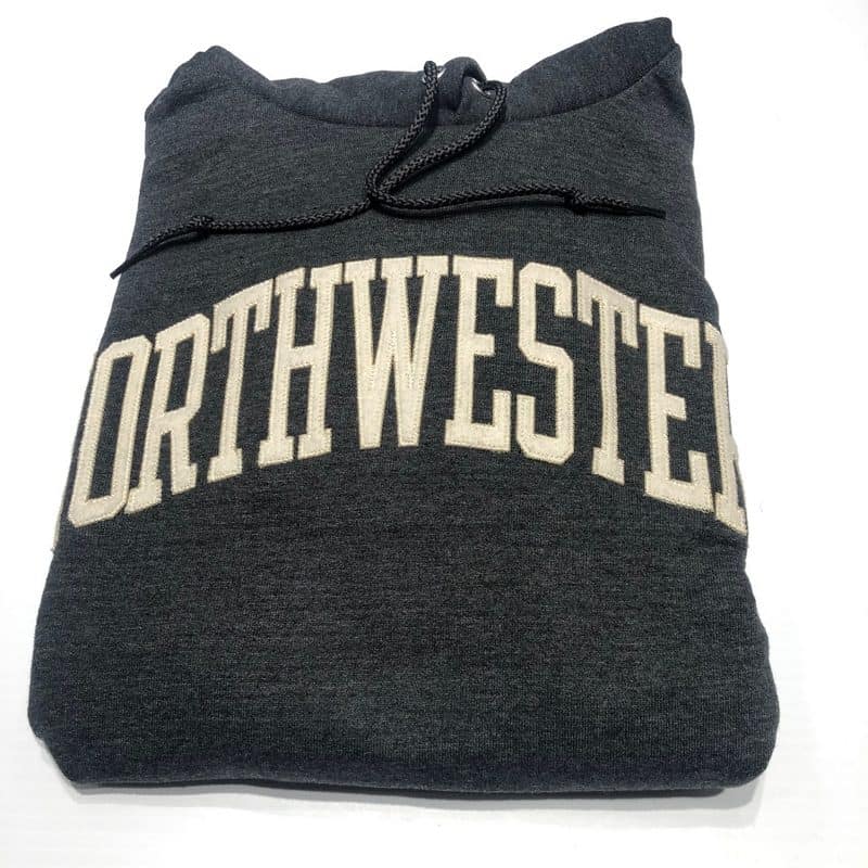 Northwestern University Wildcats Men's Granite Heather Champion Eco Powerblend Hooded Sweatshirt with Creamy White Arched Northwestern Wool Sewn Appliqué Design -2