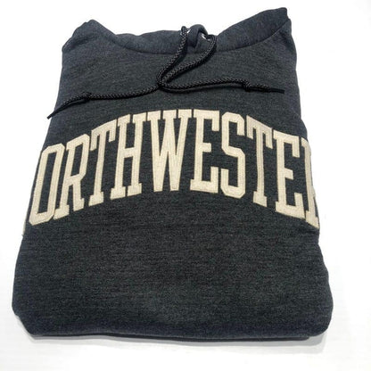 Northwestern University Wildcats Men's Granite Heather Champion Eco Powerblend Hooded Sweatshirt with Creamy White Arched Northwestern Wool Sewn Appliqué Design -2