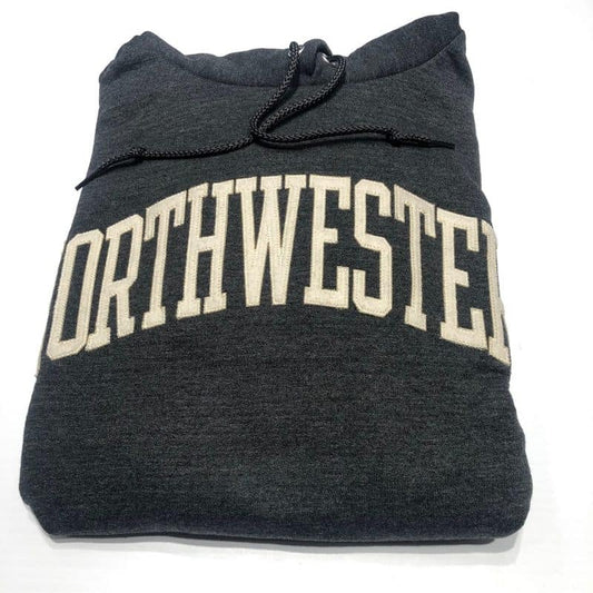 Northwestern University Wildcats Men's Granite Heather Champion Eco Powerblend Hooded Sweatshirt with Creamy White Arched Northwestern Wool Sewn Appliqué Design -2