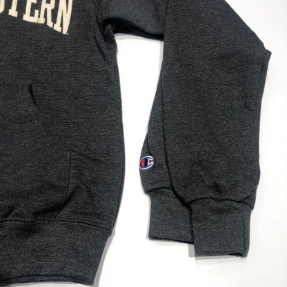 Northwestern University Wildcats Men's Black Champion Eco Powerblend Hooded Sweatshirt with Creamy White Arched Northwestern Wool Sewn Appliqué Design -4