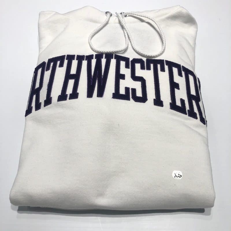 Northwestern University Wildcats Men's White Champion Eco Powerblend Hooded Sweatshirt with Purple Arched Northwestern Wool Sewn Appliqué Design -2