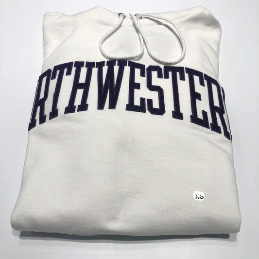 Northwestern University Wildcats Men's White Champion Eco Powerblend Hooded Sweatshirt with Purple Arched Northwestern Wool Sewn Appliqué Design -2
