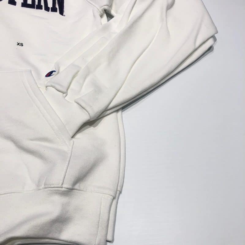 Northwestern University Wildcats Men's White Champion Eco Powerblend Hooded Sweatshirt with Purple Arched Northwestern Wool Sewn Appliqué Design -3