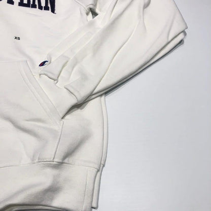 Northwestern University Wildcats Men's White Champion Eco Powerblend Hooded Sweatshirt with Purple Arched Northwestern Wool Sewn Appliqué Design -3