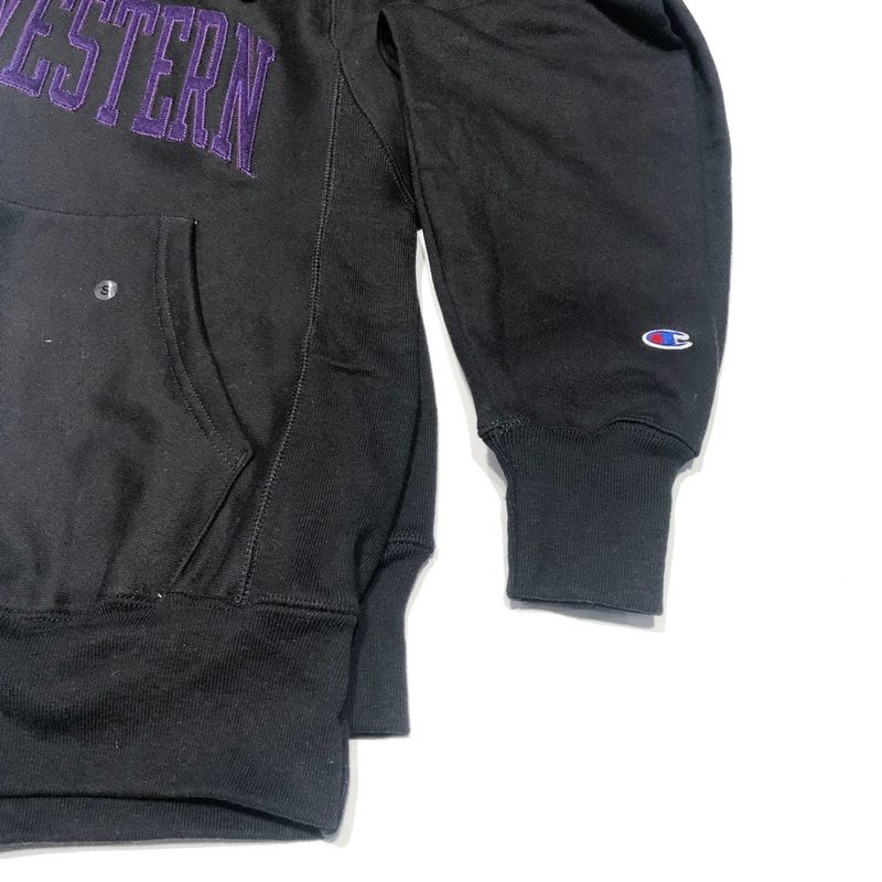 Northwestern University Wildcats Men’s Black Champion Super Heavy Reverse Weave Hooded Sweatshirt with Purple Arched Northwestern Wool Sewn Appliqué Design -3