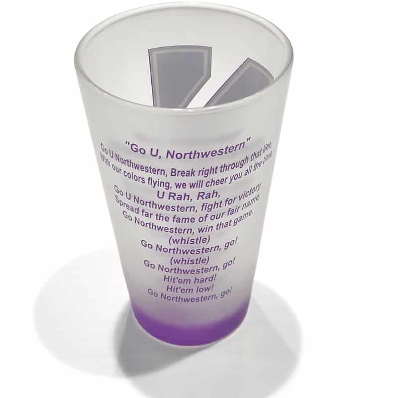 Northwestern Wildcats White Frosted Pint of Ale Glass with N-Cat Design on one Side & Fight Song on the Other Side