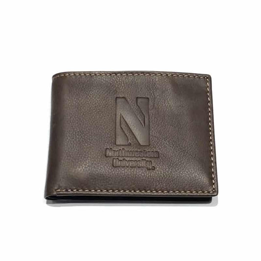 Northwestern University Wildcats Coffee Brown Contrast Stitch Genuine Leather Billfold Wallet
