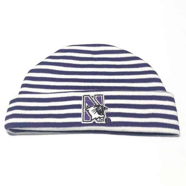 Northwestern University Wildcats Purple/White Stripped Newborn Knit Cap With N-Cat Design