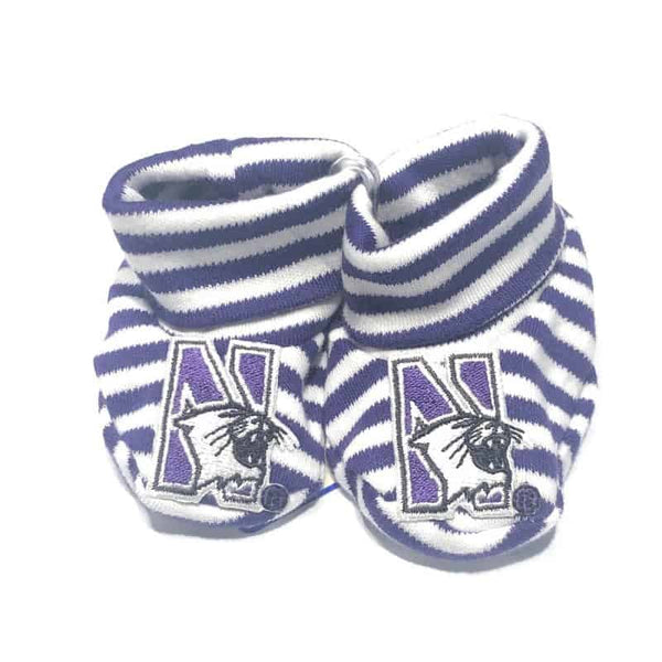 Northwestern University Wildcats Purple/White Stripped Newborn Booties With N-Cat Design