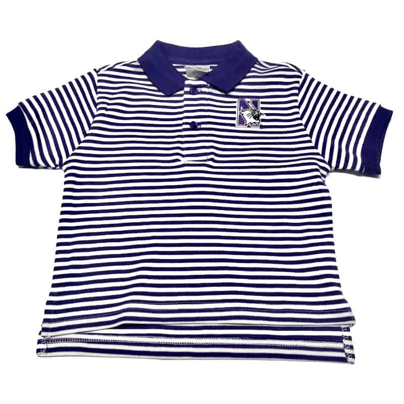 Northwestern University Wildcats Purple & White Stripped Polo Shirt With Embroidered N-Cat Design