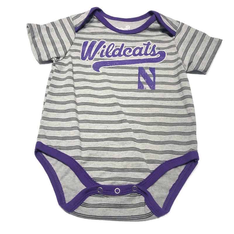 Northwestern University Wildcats Grey Striped Onesie with Script Wildcats & N Design