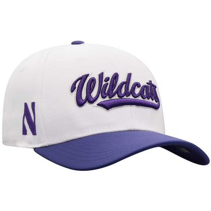 Northwestern University Wildcats Top Of The World Constructed Onefit Two Tone White/Purple Hat with Script Wildcats Design -Front 2