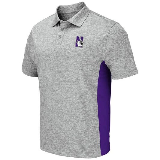 Northwestern University Wildcats Colosseum Mens Heather Grey/Purple S/S Polo with N-Cat Design