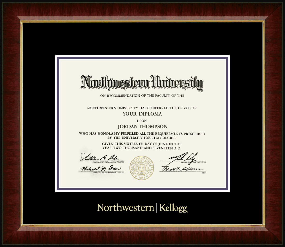 Northwestern University Wildcats Gold Embossed Kellogg School of Management Diploma Frame in Murano with black and purple mats