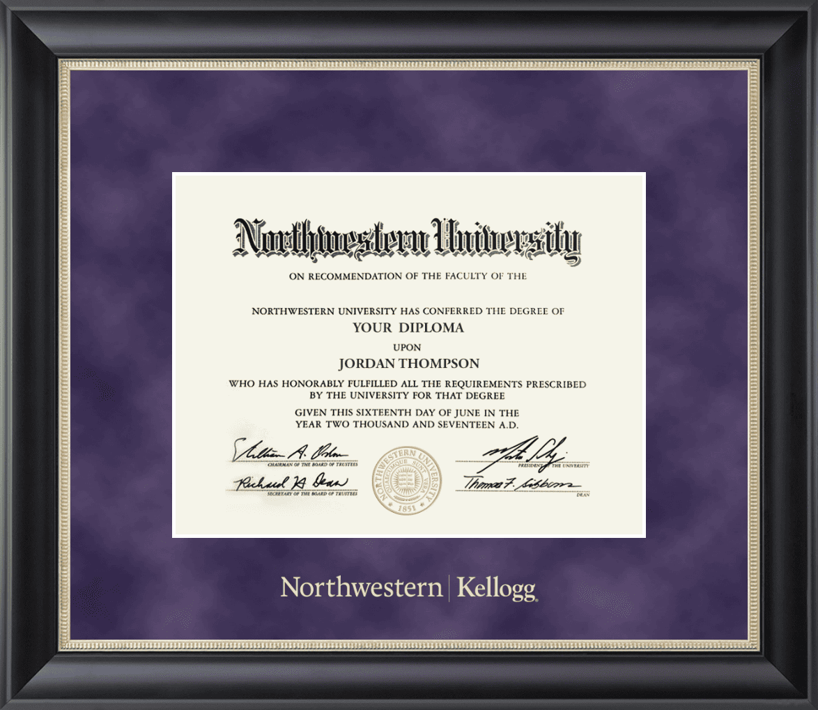 Northwestern University Wildcats Gold Embossed Northwestern Kellogg Diploma Frame in Noir with a purple suede mat