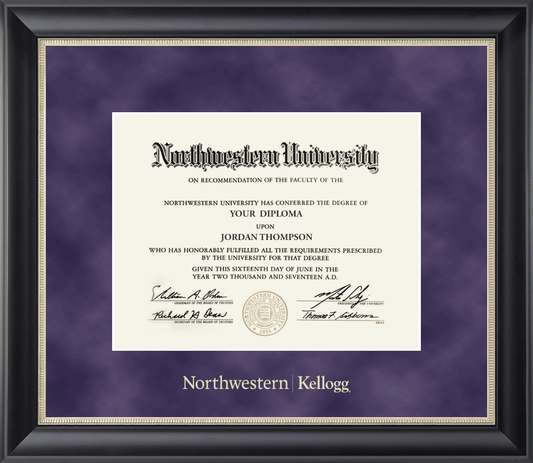 Northwestern University Wildcats Gold Embossed Northwestern Kellogg Diploma Frame in Noir with a purple suede mat