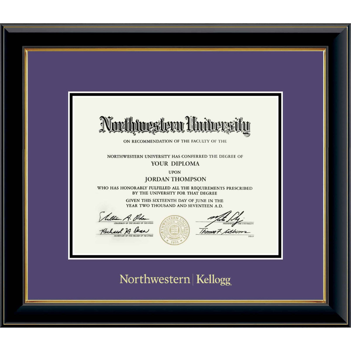 Northwestern | Kellogg Onyx Double Matted Black Diploma Frame with Gold Accent & Main Matt In Purple