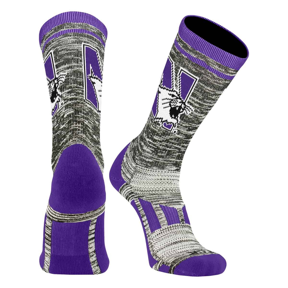 Northwestern University Wildcats Adult Heather With Purple Accent Athletic Performance Crew Socks With N-Cat Design