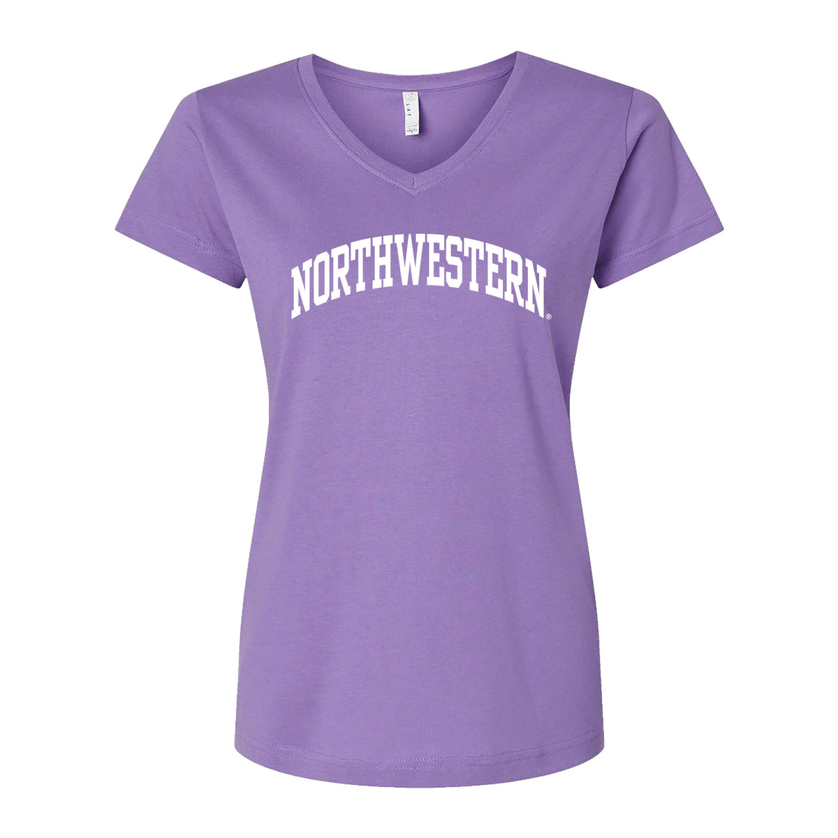 Northwestern University Wildcats Women's MV LAT Fine Jersey Lilac-Lavender V-Neck Tee Shirt with One Color Northwestern Arch Design