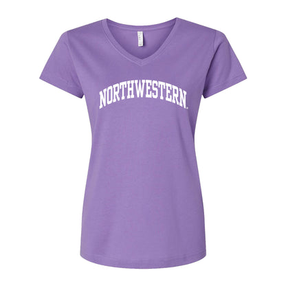 Northwestern University Wildcats Women's MV LAT Fine Jersey Lilac-Lavender V-Neck Tee Shirt with One Color Northwestern Arch Design