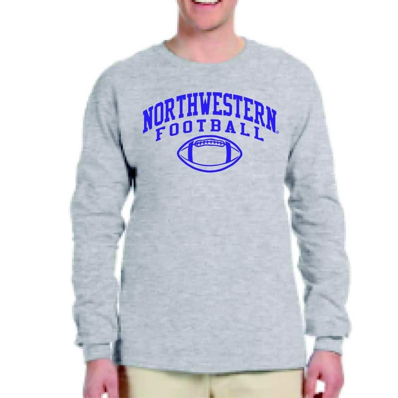 Northwestern University Wildcats Grey Long Sleeve Tee Shirt with Northwestern Football Design