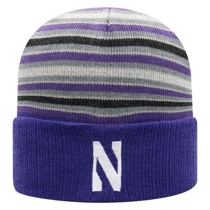 Northwestern University Wildcats Adult Multicolor Stripped Cuffed Pom Knit Hat With Embroidered Stylized N