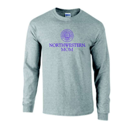 Northwestern University Wildcats Dark Grey Long Sleeve Tee Shirt with Mom Design