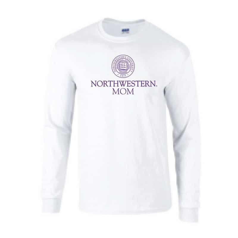 Northwestern University Wildcats White Long Sleeve Tee Shirt with Mom Design