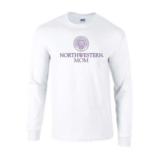 Northwestern University Wildcats White Long Sleeve Tee Shirt with Mom Design