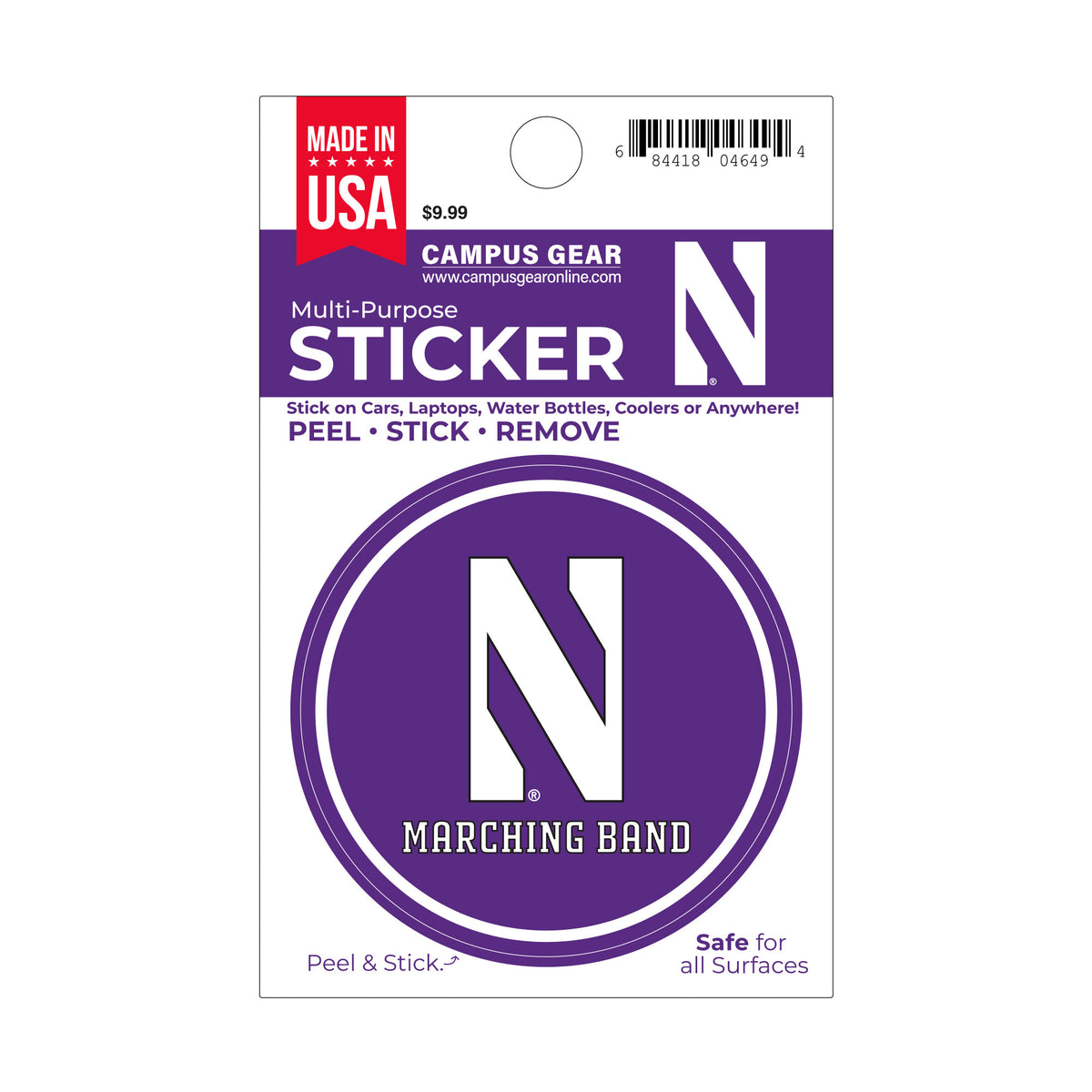 Northwestern University Wildcats Full Color Outside Application 3" Circular Multi-Purpose Sticker with N & Marching Band Design