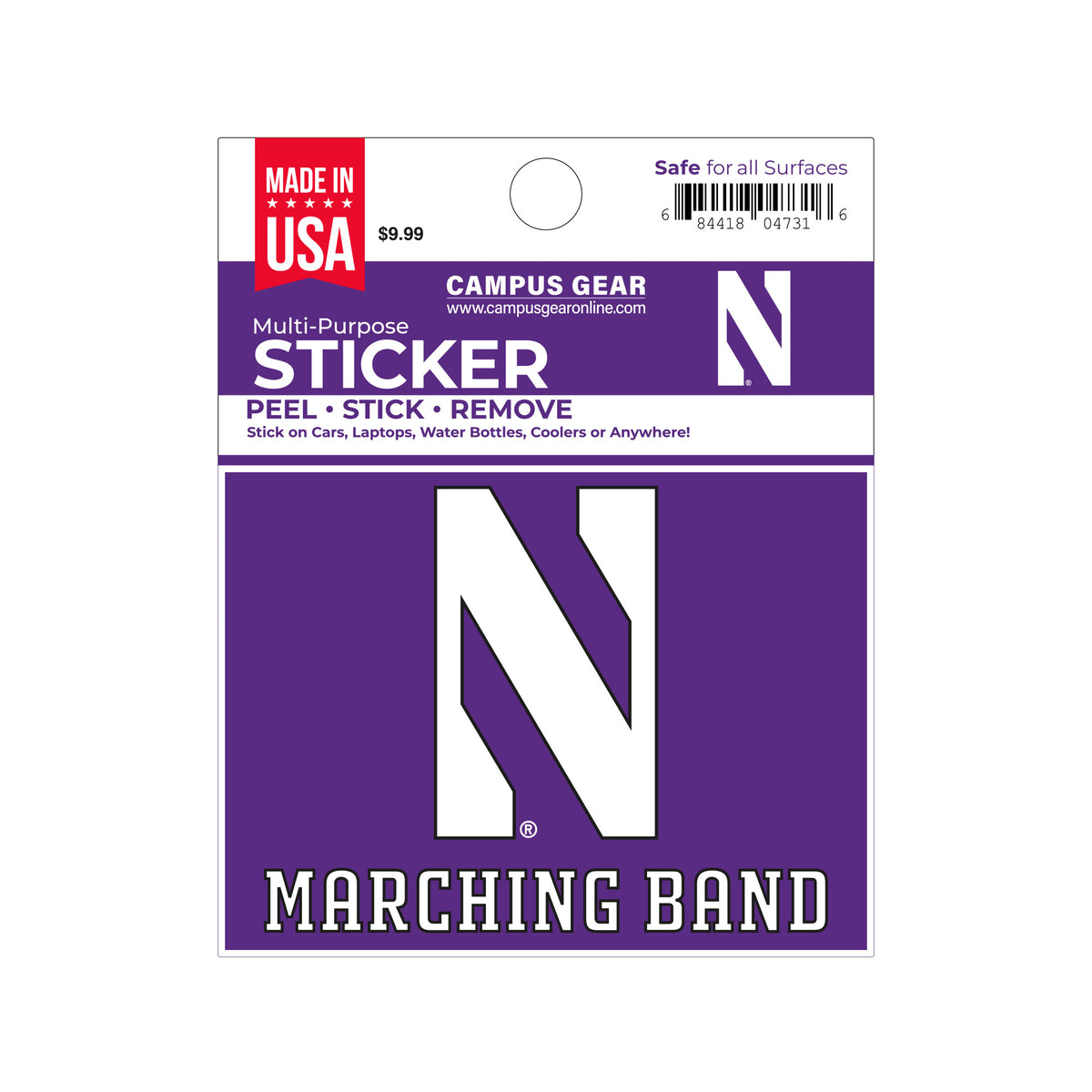Northwestern University Wildcats Full Color Outside Application 3"X4" Rectangular Multi-Purpose Sticker with N & Marching Band Design