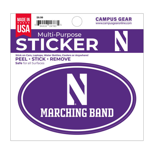 Northwestern University Wildcats Full Color Outside Application 3"X5" Oval Multi-Purpose Sticker with N & Marching Band Design