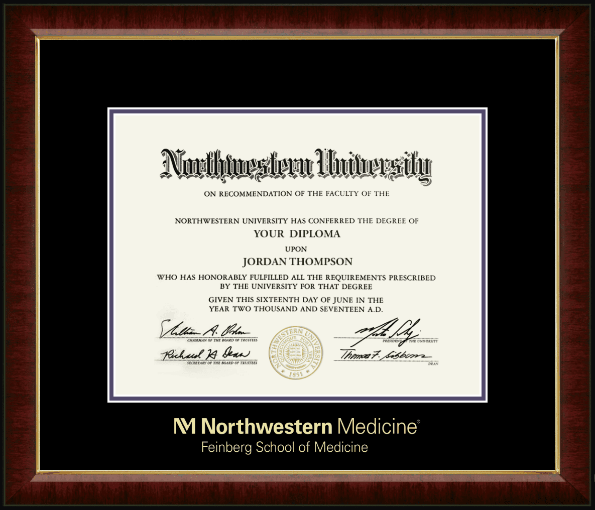 Northwestern University Wildcats Gold Embossed Feinberg School of Medicine Diploma Frame in Murano with black and purple mats