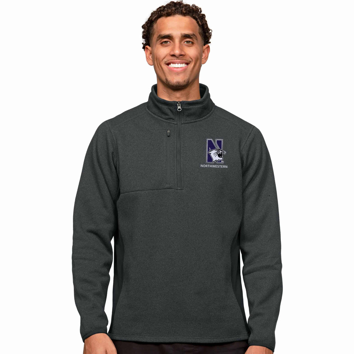 Northwestern Wildcats Men's Antigua Charcoal Heather Multi Course Pullover 1/4 Zip with N-Cat Design