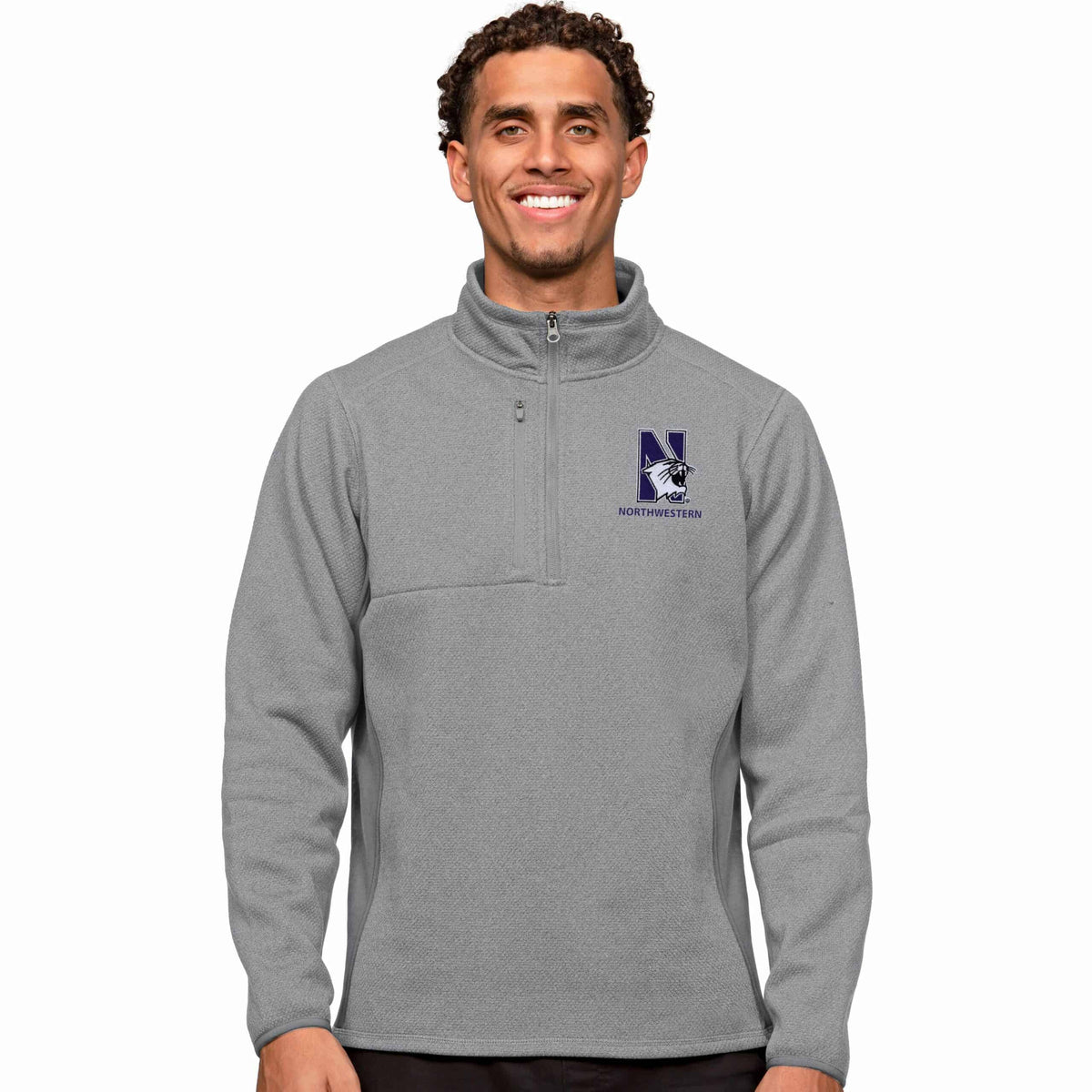 Northwestern Wildcats Men's Antigua Light Grey Heather Multi Course Pullover 1/4 Zip with N-Cat Design