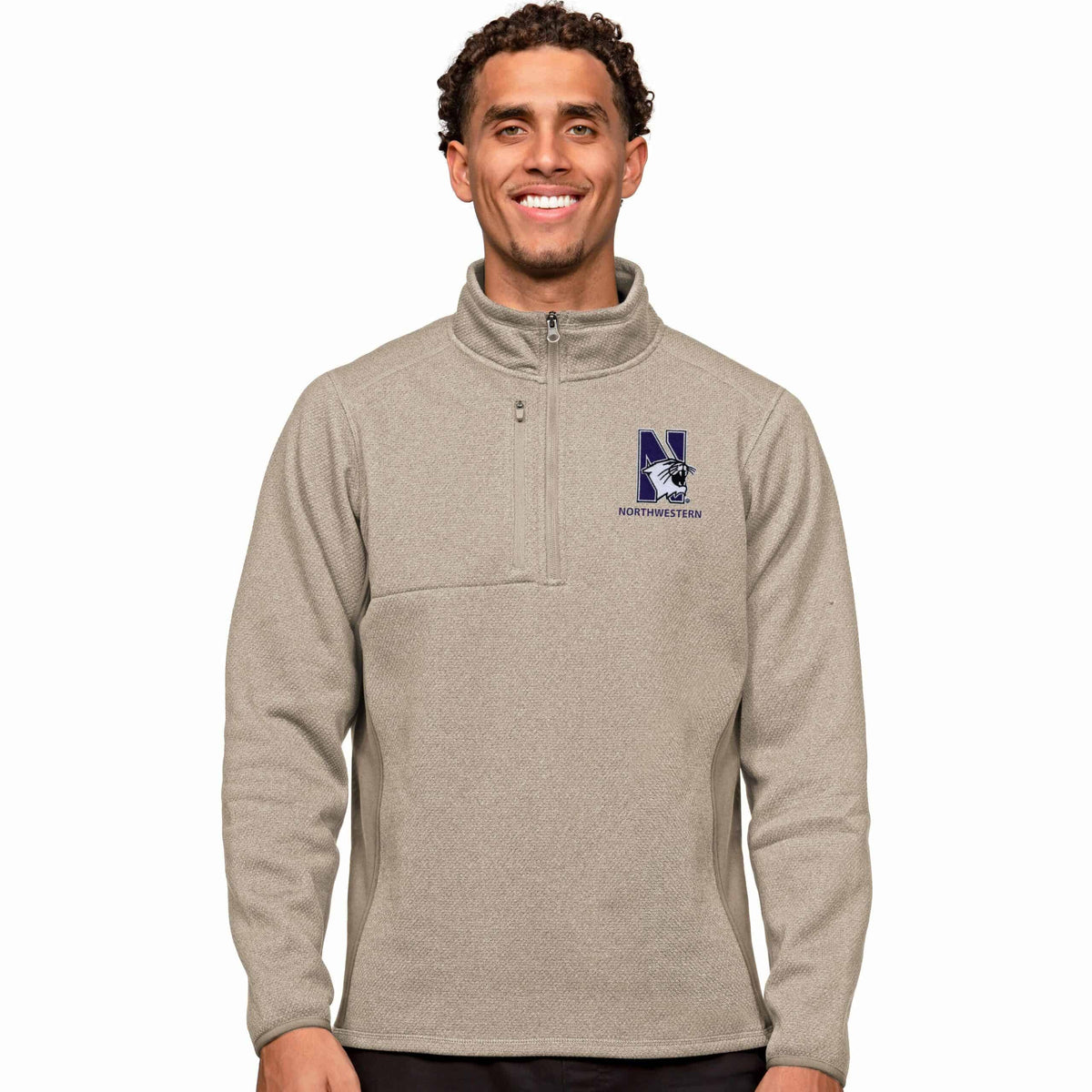 Northwestern Wildcats Men's Antigua Oatmeal Heather Multi Course Pullover 1/4 Zip with N-Cat Design