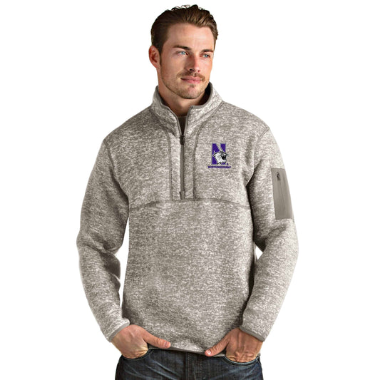 Northwestern University Wildcats Men's Antigua Fortune 1/4 Zip in Oatmeal Heather & N-Cat Design