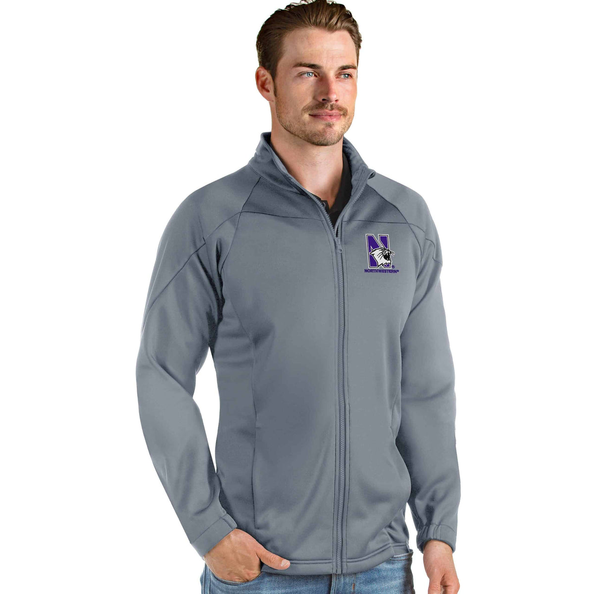 Northwestern Wildcats Men's Antigua Steel Links Golf Jacket with N-Cat Design