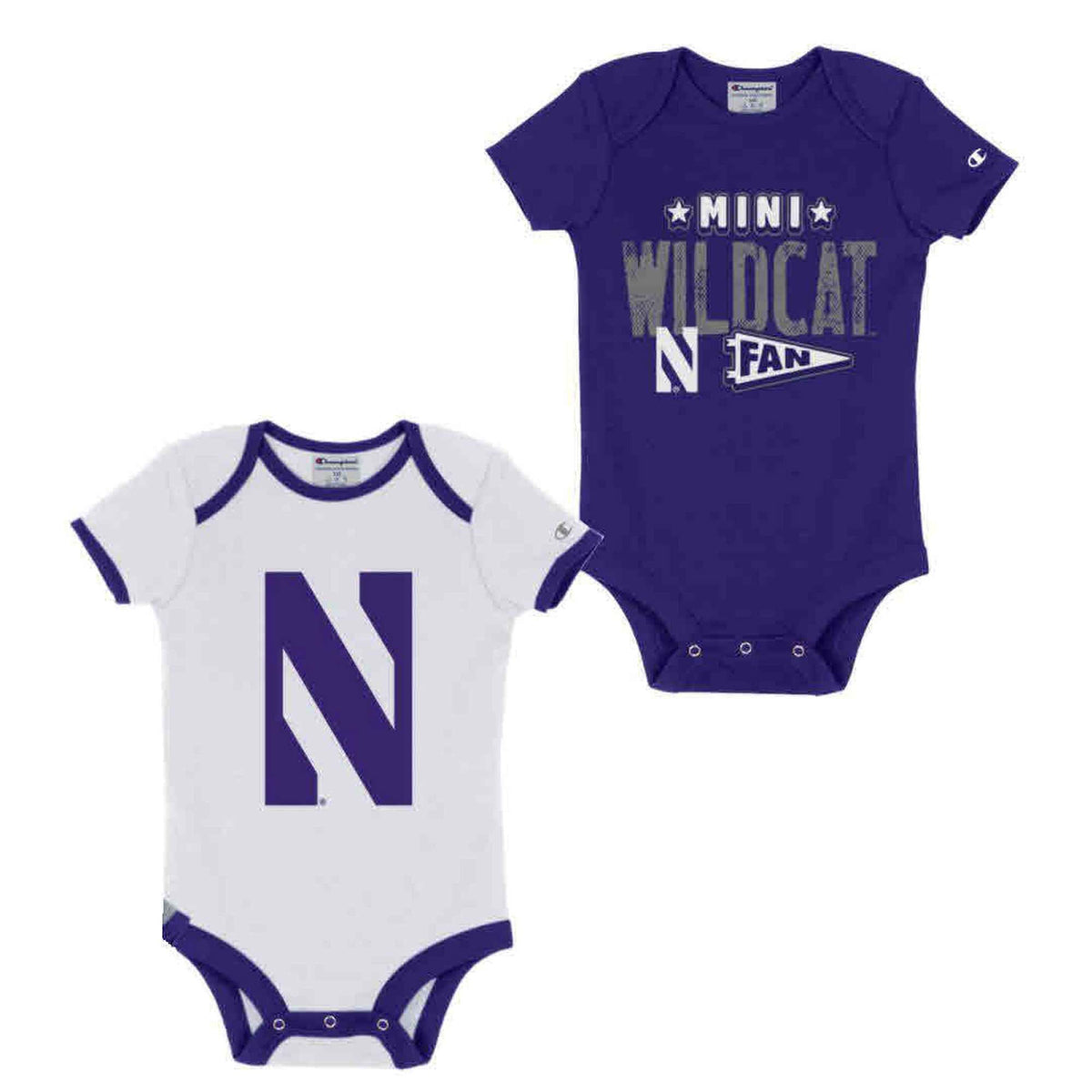 Northwestern University Wildcats Infant 2-Pack Bodysuit Onesie Set with Big N & Mini Wildcat Fan Designs