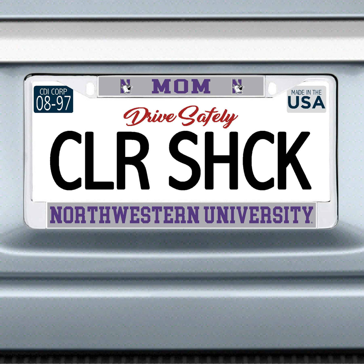 Northwestern University Wildcats Chrome License Plate Frame with Grey Laser Cut Insert MOM/NORTHWESTERN UNIVERSITY Design