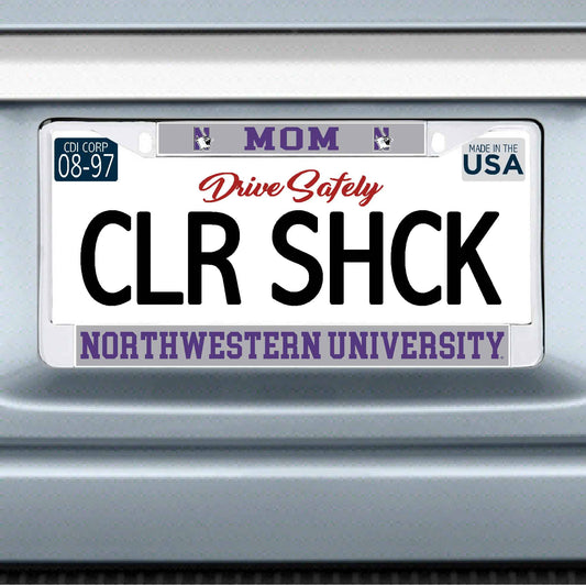 Northwestern University Wildcats Chrome License Plate Frame with Grey Laser Cut Insert MOM/NORTHWESTERN UNIVERSITY Design