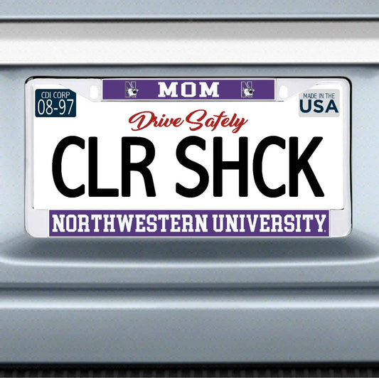 Northwestern University Wildcats Chrome License Plate Frame with Purple Laser Cut Insert MOM/NORTHWESTERN UNIVERSITY Design