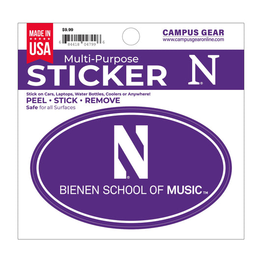 Northwestern University Bienen School of Music Full Color Outside Application 3"X5" Oval Multi-Purpose Sticker with N Design