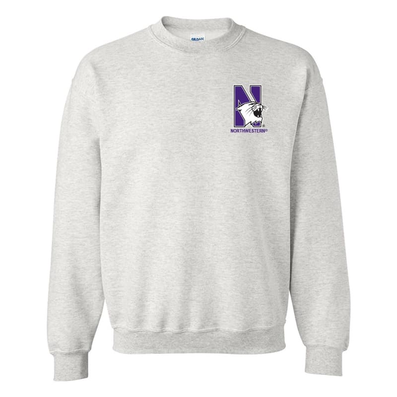 Northwestern University Wildcats Men's Ash Grey Crewneck Sweatshirt with Left Chest Embroidered N-Cat & Northwestern Design