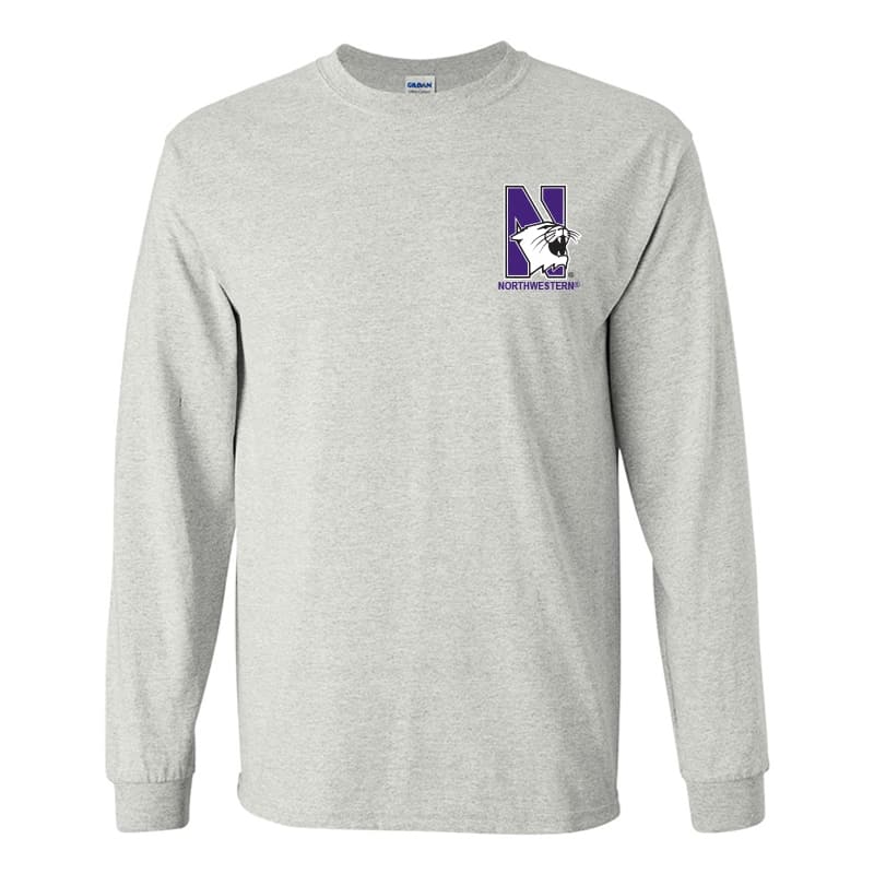 Northwestern University Wildcats Men's Ash Grey Long Sleeve Tee Shirt with Left Chest Embroidered N-Cat & Northwestern Design