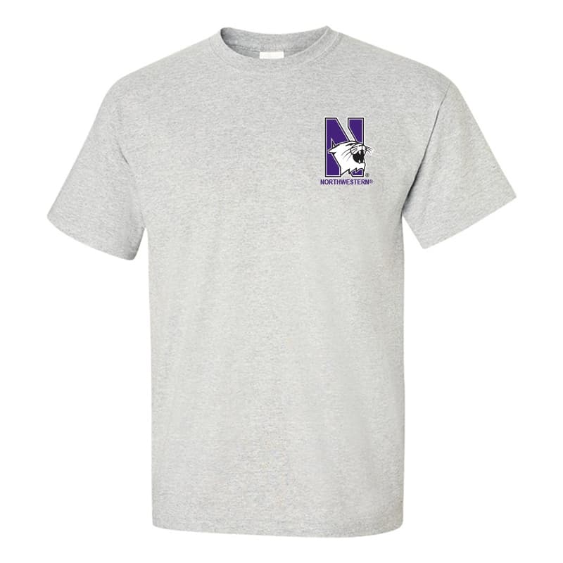 Northwestern University Wildcats Men's Ash Grey Short Sleeve Tee Shirt with Left Chest Embroidered N-Cat & Northwestern Design