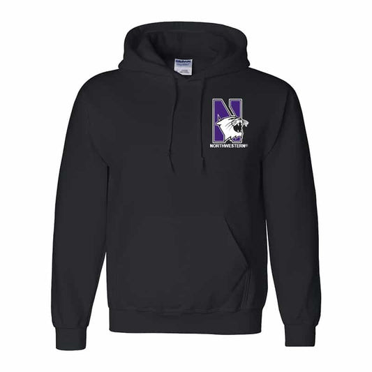 Northwestern University Wildcats Men's Black Hooded Sweatshirt with Left Chest Embroidered N-Cat & Northwestern Design