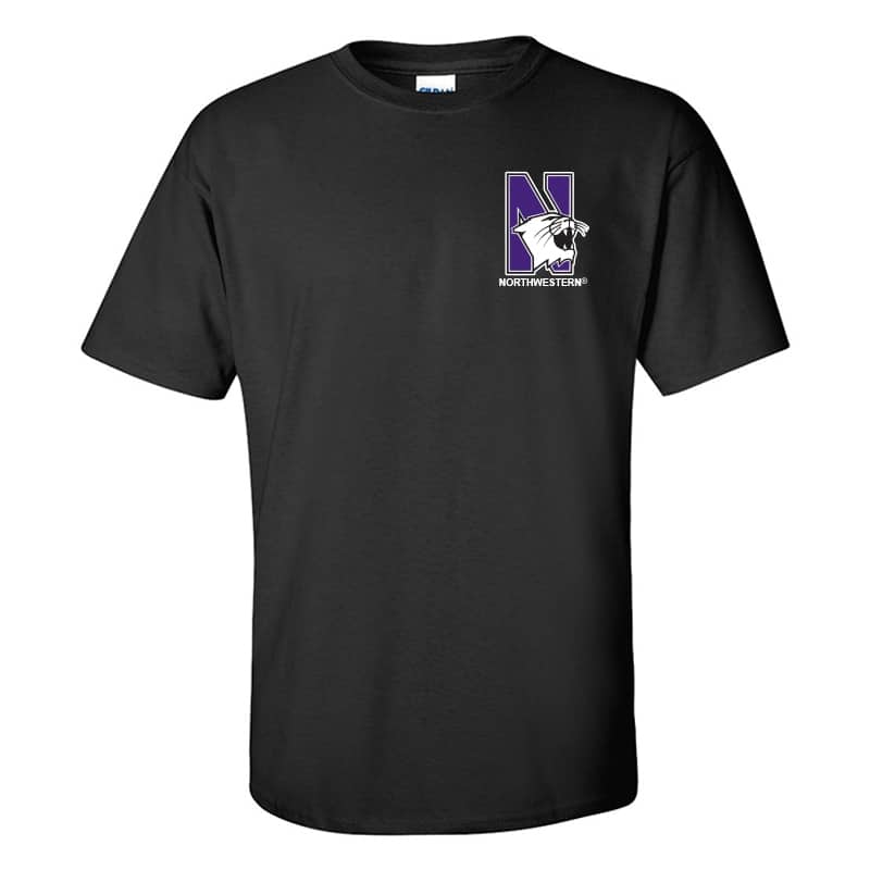Northwestern University Wildcats Men's Black Short Sleeve Tee Shirt with Left Chest Embroidered N-Cat & Northwestern Design